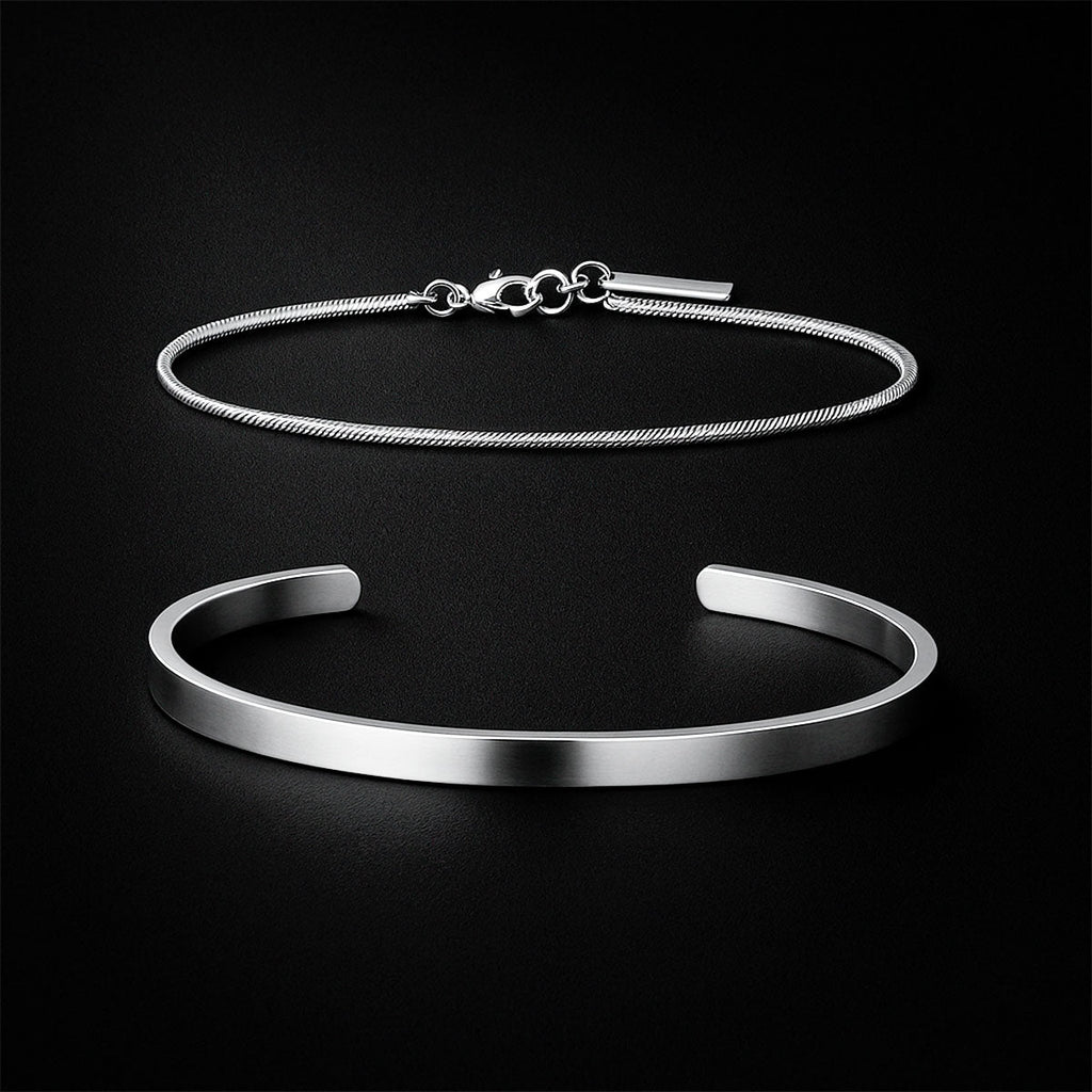 Stainless Steel Bracelets Set, Stacked Open Cuff Bangles Stones Men