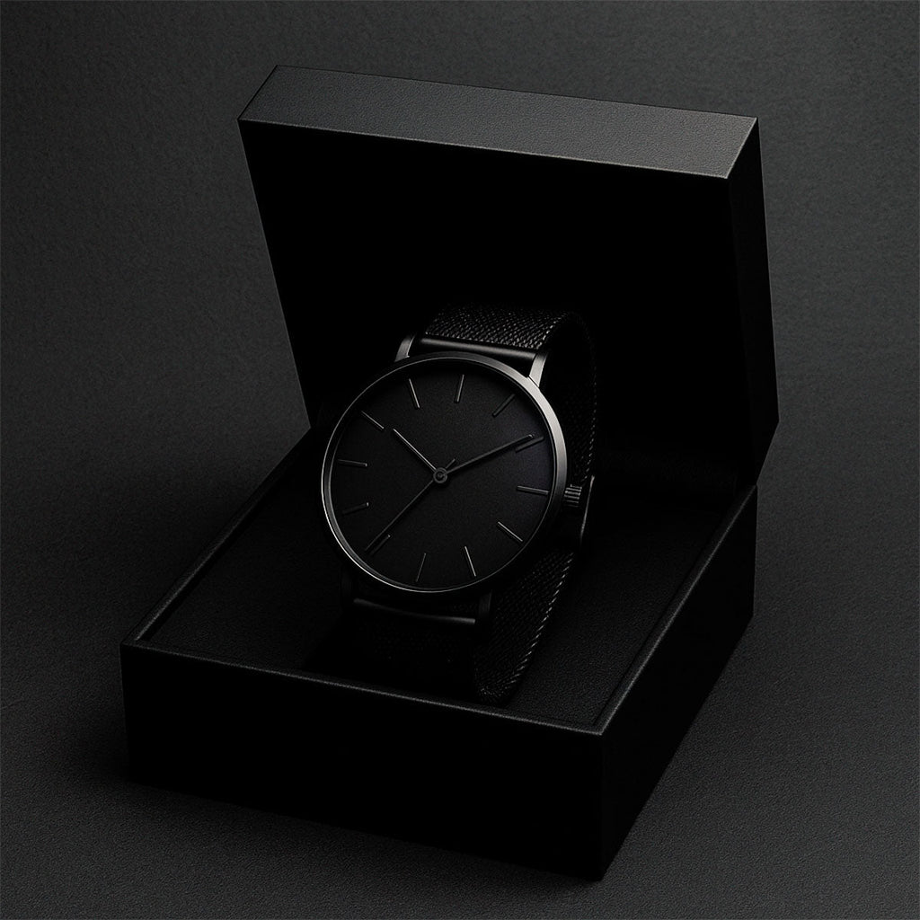 Watche Ultra-Thin Black Steel Quartz Watch – Sleek. Silent. Powerful Stones Men