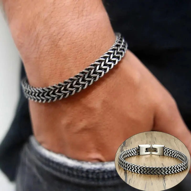 Pulseiras Vnox Vintage Oxidized Cool Double Curb Chain para Homens Aço Inoxidável Punk Antique Cubic Foxtail Corrente Pulseira Masculina