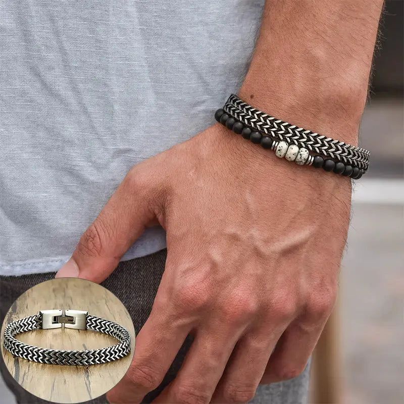 Pulseiras Vnox Vintage Oxidized Cool Double Curb Chain para Homens Aço Inoxidável Punk Antique Cubic Foxtail Corrente Pulseira Masculina