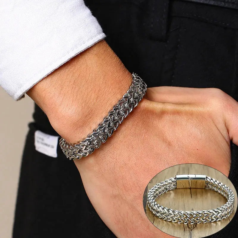 Pulseiras Vnox Vintage Oxidized Cool Double Curb Chain para Homens Aço Inoxidável Punk Antique Cubic Foxtail Corrente Pulseira Masculina