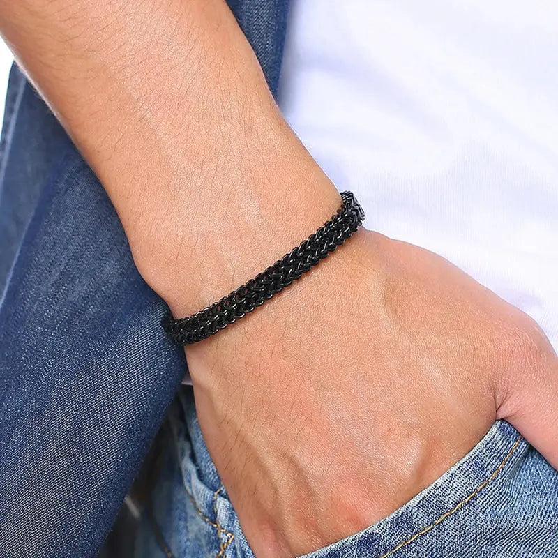 Pulseiras Vnox Vintage Oxidized Cool Double Curb Chain para Homens Aço Inoxidável Punk Antique Cubic Foxtail Corrente Pulseira Masculina