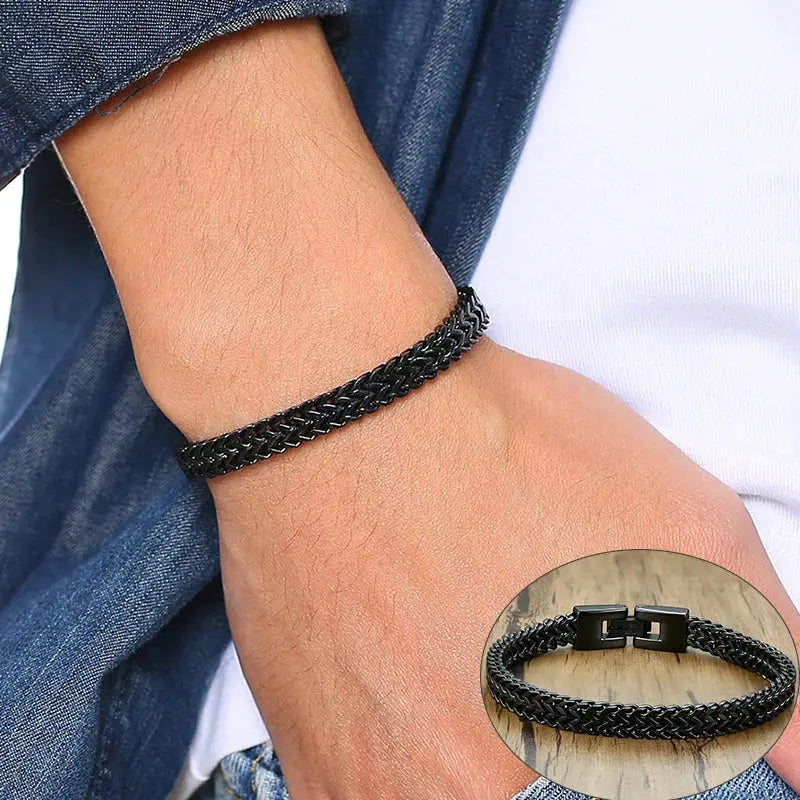 Pulseiras Vnox Vintage Oxidized Cool Double Curb Chain para Homens Aço Inoxidável Punk Antique Cubic Foxtail Corrente Pulseira Masculina