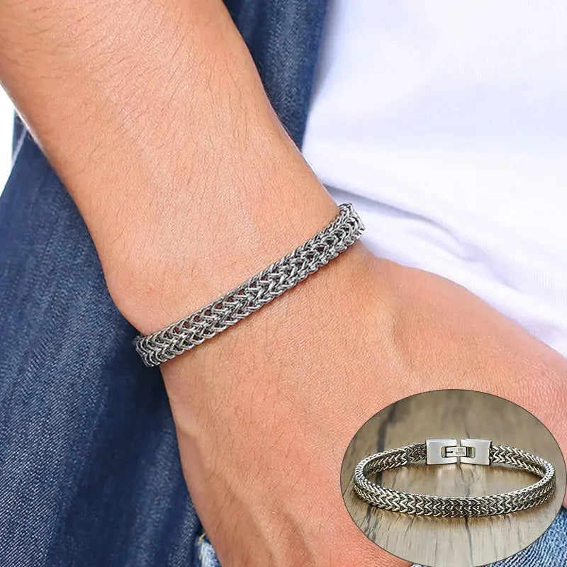 Pulseiras Vnox Vintage Oxidized Cool Double Curb Chain para Homens Aço Inoxidável Punk Antique Cubic Foxtail Corrente Pulseira Masculina