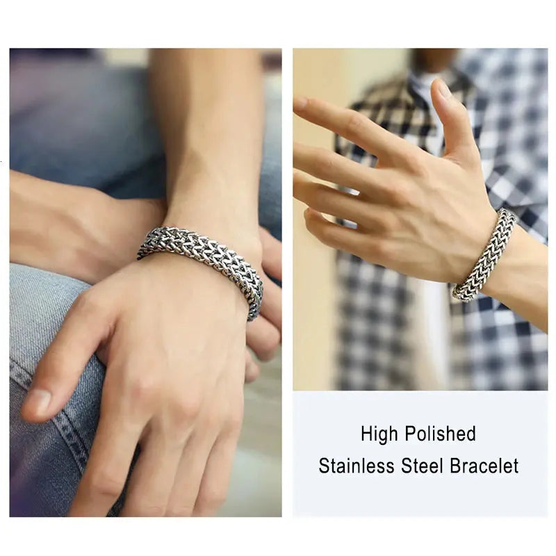 Pulseiras Vnox Vintage Oxidized Cool Double Curb Chain para Homens Aço Inoxidável Punk Antique Cubic Foxtail Corrente Pulseira Masculina