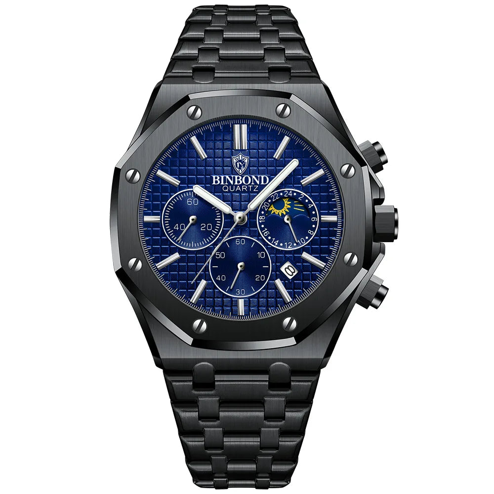 Relógio masculino de luxo Binbond, relógio de pulso de quartzo de alta qualidade, à prova d'água, luminoso, com data, em aço inoxidável, relógio casual masculino