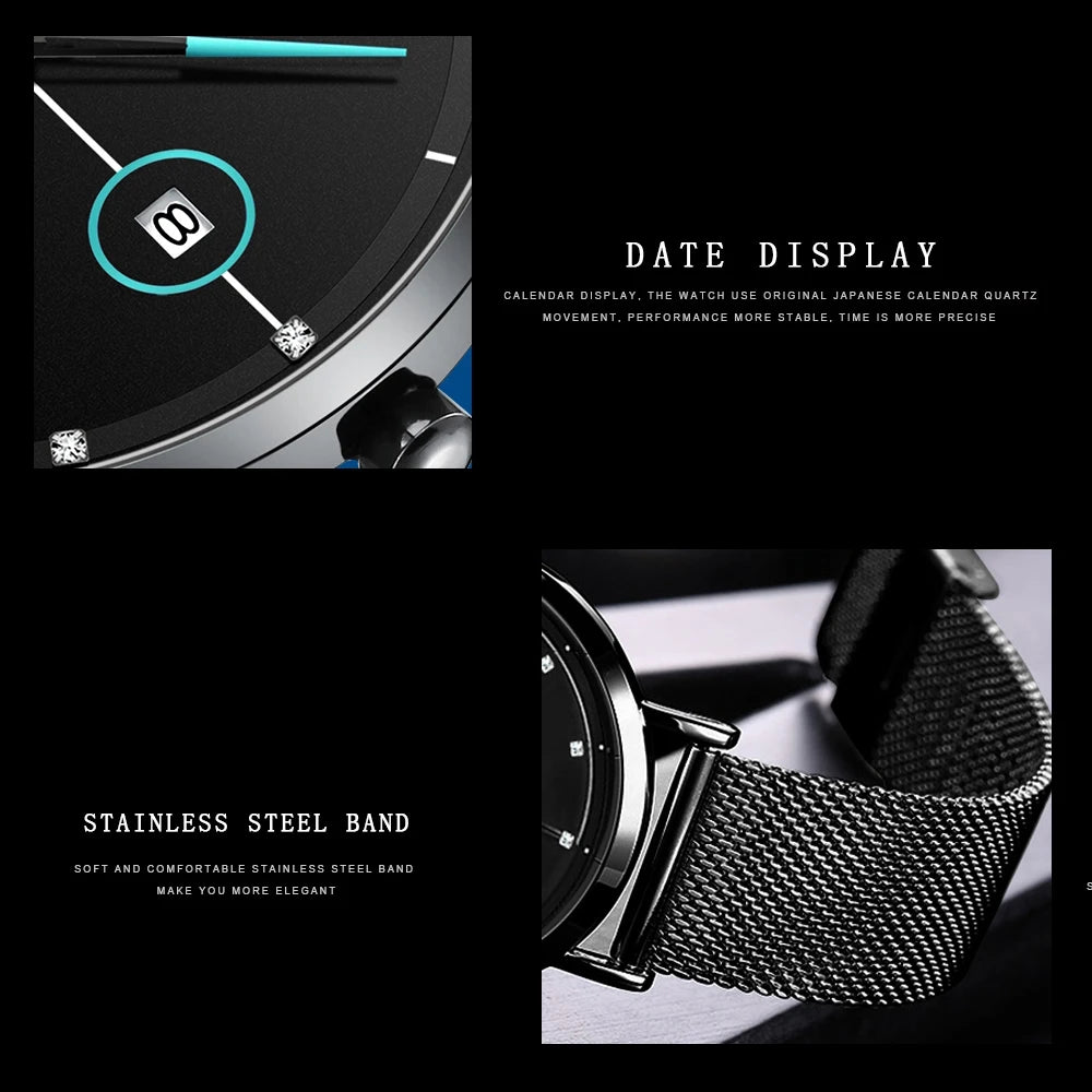 Blue-Black Mesh Quartz Watch – Clean Design. Global Precision. Stones Men