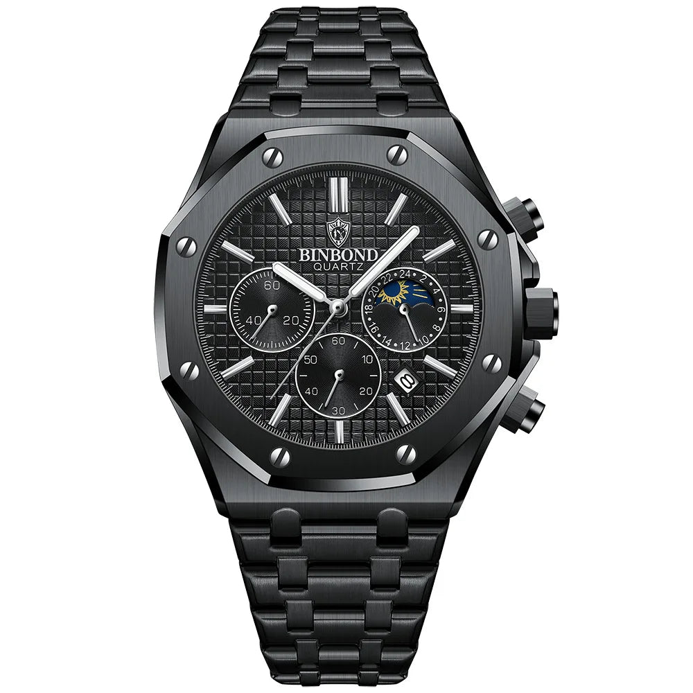 Relógio masculino de luxo Binbond, relógio de pulso de quartzo de alta qualidade, à prova d'água, luminoso, com data, em aço inoxidável, relógio casual masculino