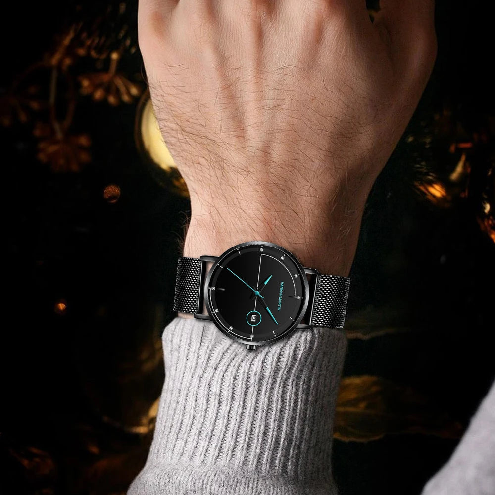 Blue-Black Mesh Quartz Watch – Clean Design. Global Precision. Stones Men