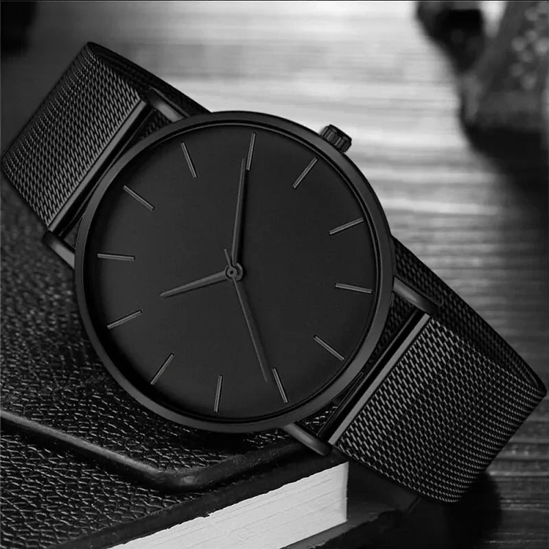 Watche Ultra-Thin Black Steel Quartz Watch – Sleek. Silent. Powerful Stones Men