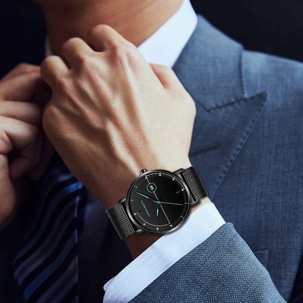 Blue-Black Mesh Quartz Watch – Clean Design. Global Precision. Stones Men