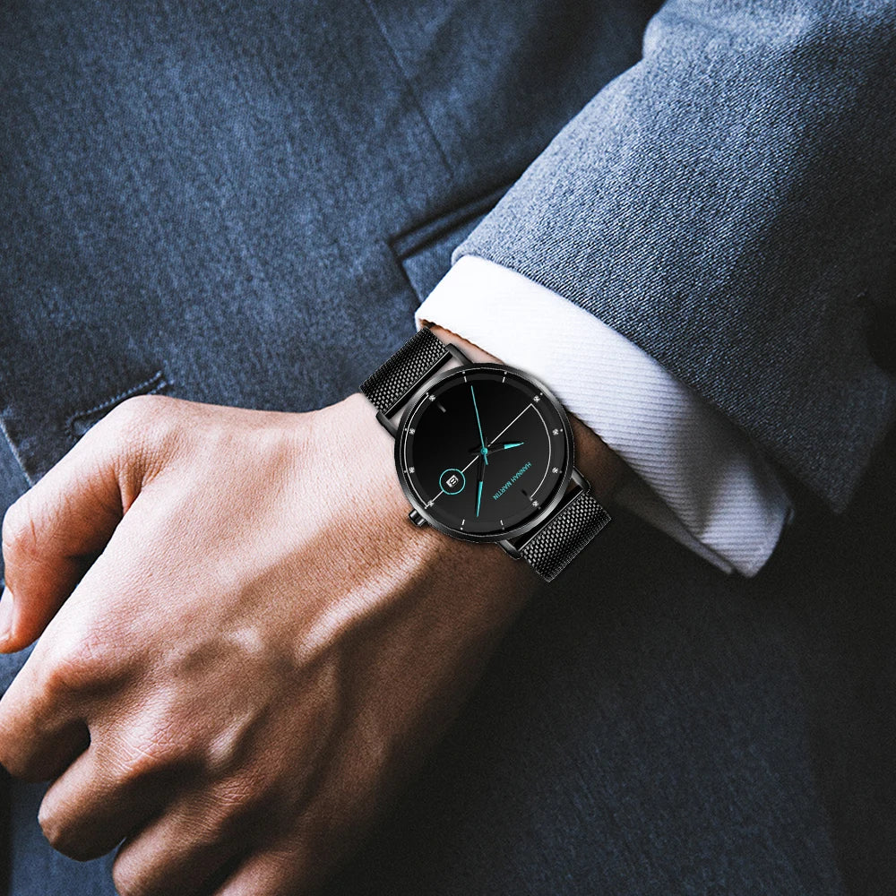 Blue-Black Mesh Quartz Watch – Clean Design. Global Precision. Stones Men