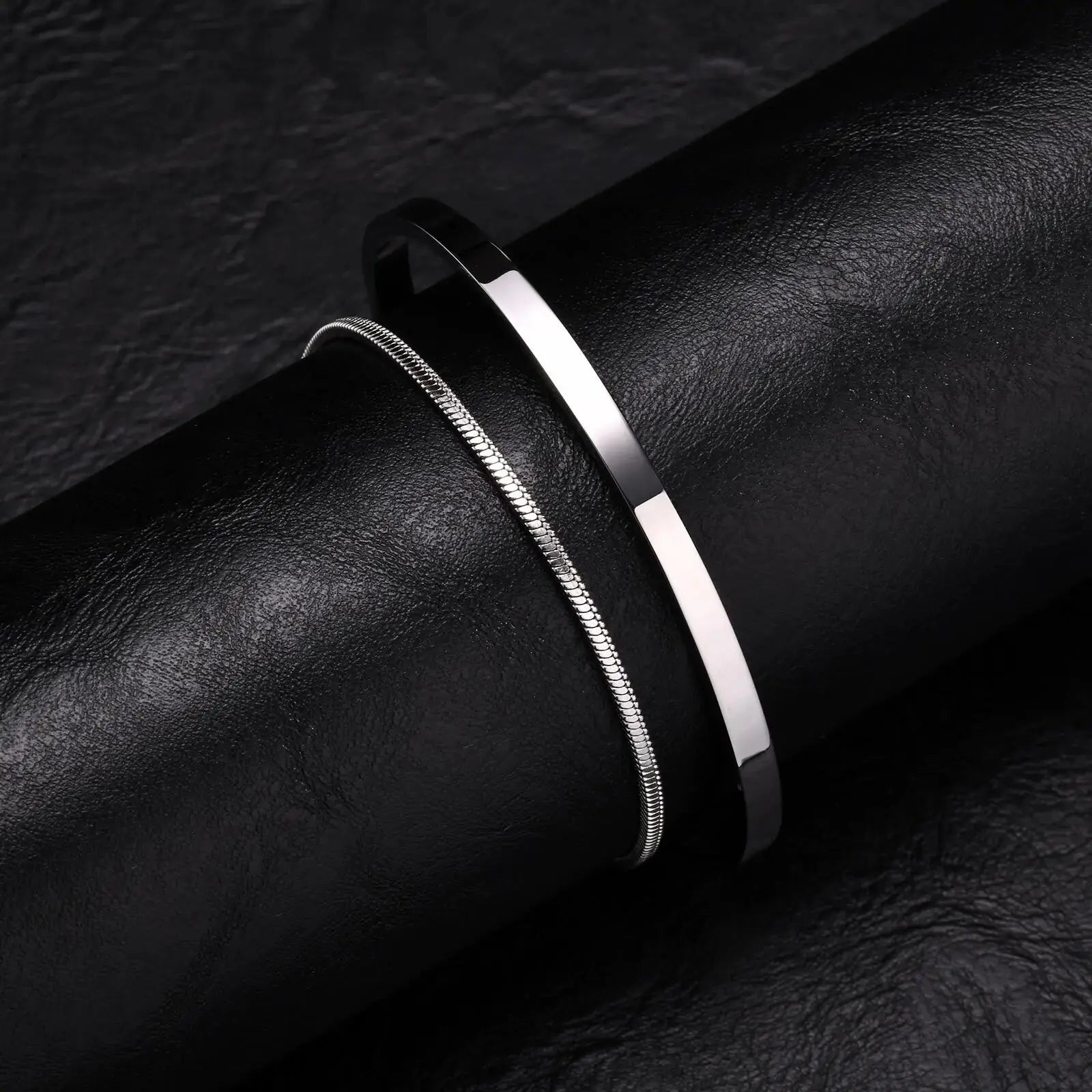 Conjunto de pulseiras masculinas de aço inoxidável Vnox, braceletes abertos empilhados, pulseira de corrente de cobra preta, joia para presente