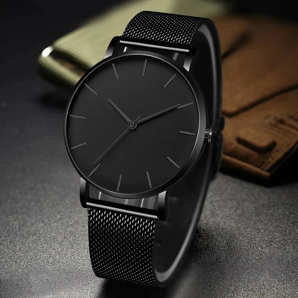 Watche Ultra-Thin Black Steel Quartz Watch – Sleek. Silent. Powerful Stones Men
